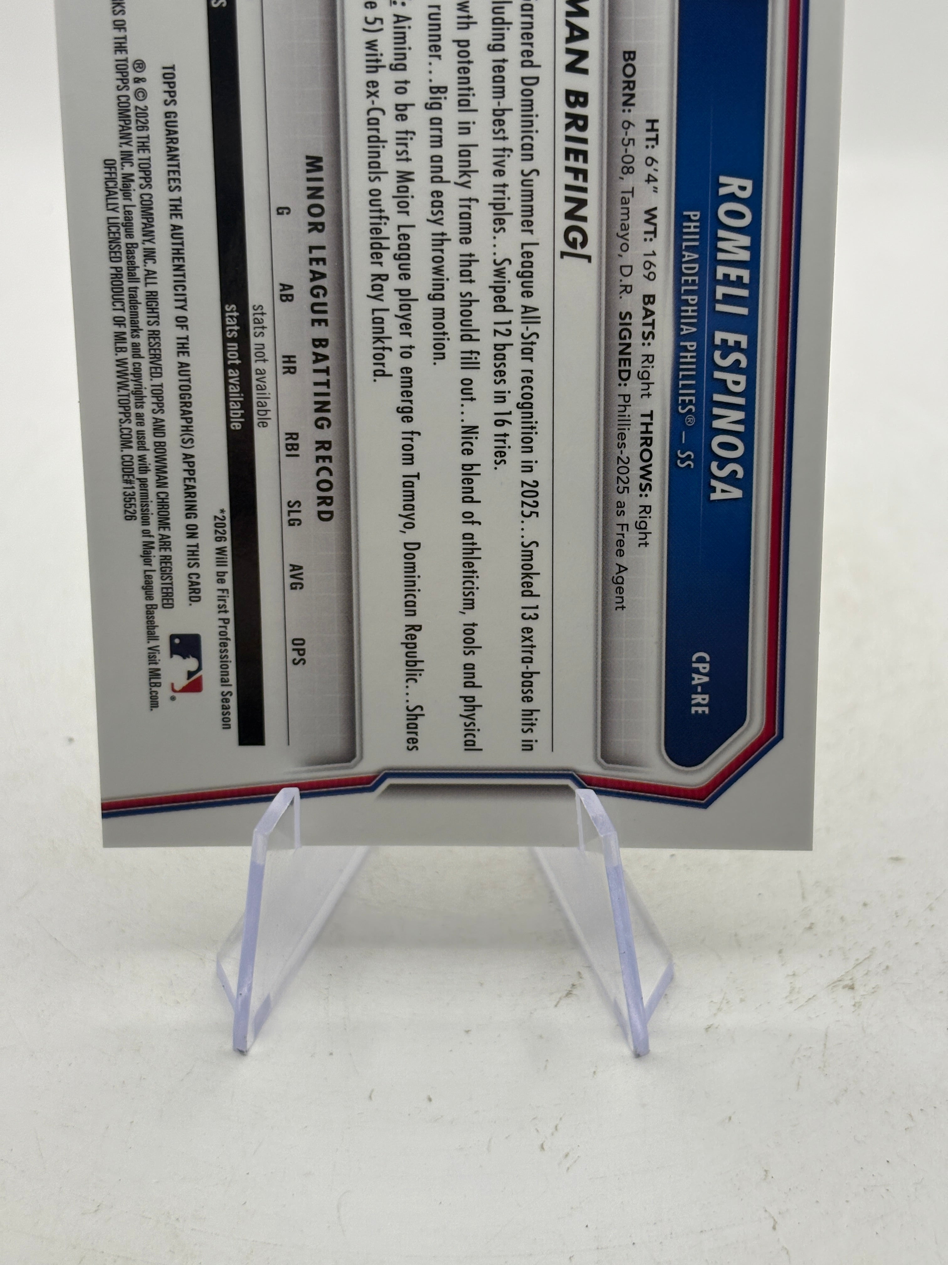 2026 Bowman Chrome ROMELI ESPINOSA 1st Bowman Auto #CPA-RE Philadelphia Phillies